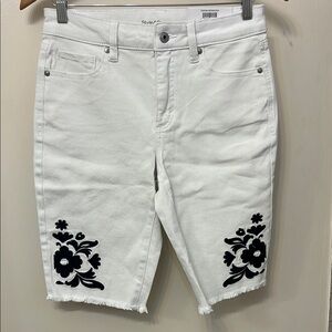 White Denim Shorts with Black Floral Embroidery
